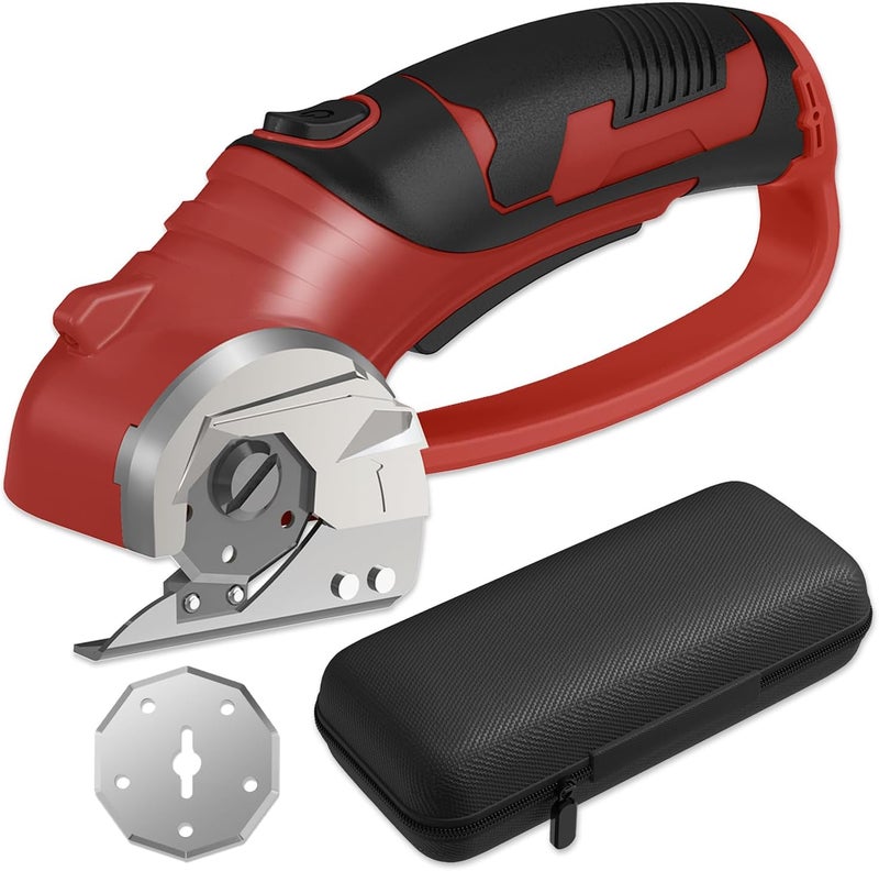 Pratuor Cordless Electric Scissors, 4V Box Cutter & Cardboard Cutter with 2 Titanium Blades - Rotary Cutter with LED Light for Fabric, Leather, Carpet, Plastic, Crafting + Storage Case (Red) - Image 1